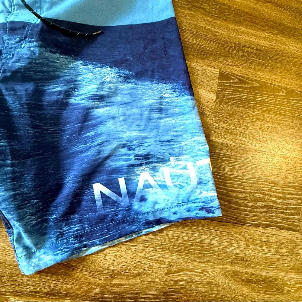 Nautica Ocean Print‎ Vacation Blue Drawstring Swim Trunks Casual Beachwear 38